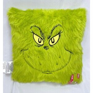Grinch Face Green Fuzzy Faux Fur Throw Pillow Christmas Dr Suess 16x16
